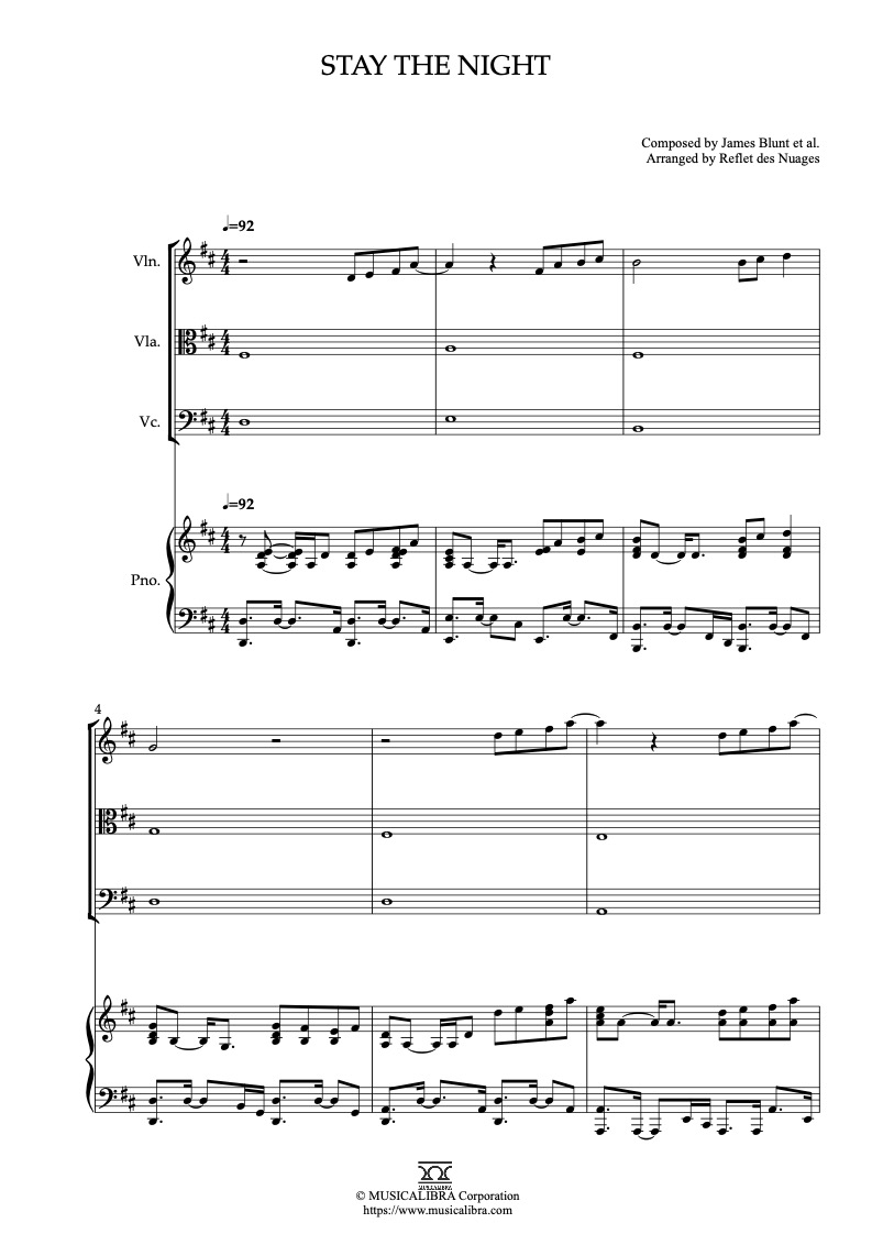 Partitura de James Blunt Stay the Night arreglada para cuarteto de violín, viola, violonchelo y piano