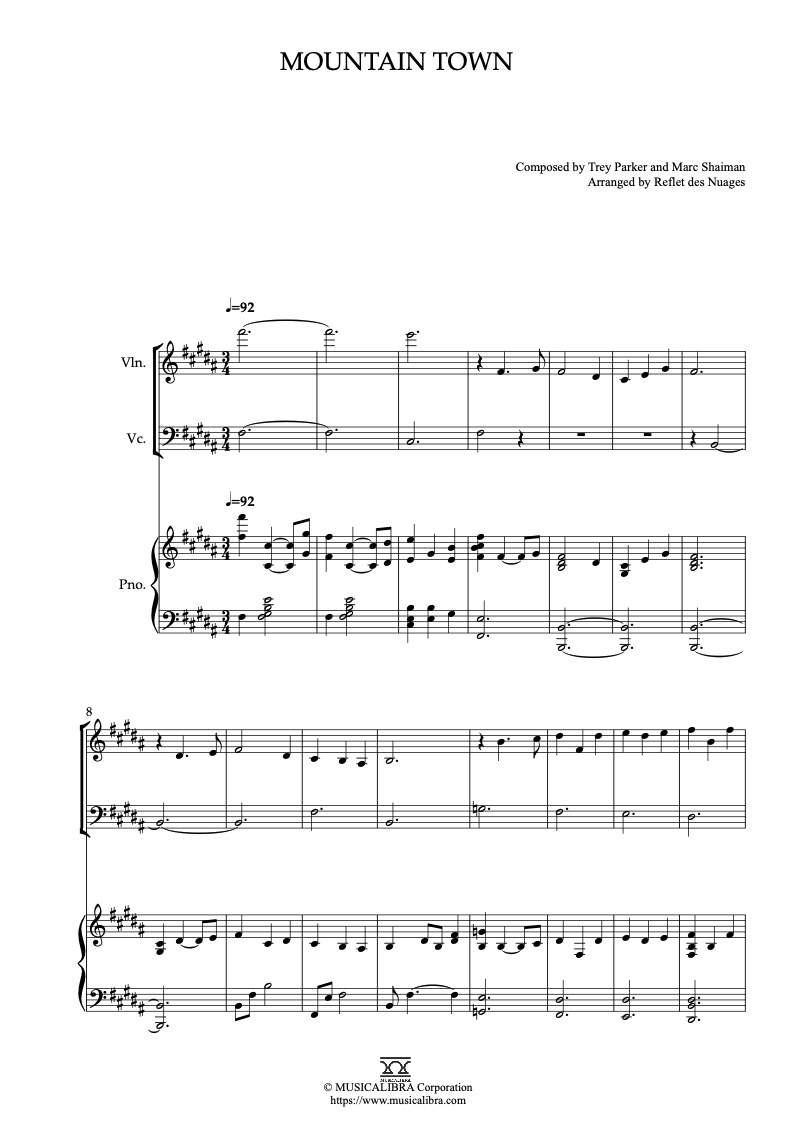South Park Mountain Town 編曲楽譜 - ヴァイオリン、チェロ、ピアノトリオ