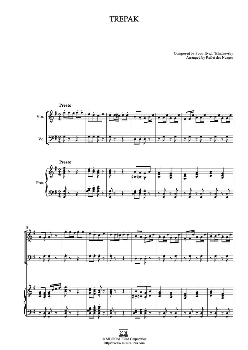 Sheet music of Trepak (The Nutcracker) arranged for violin, cello and piano trio chamber ensemble preview page 1