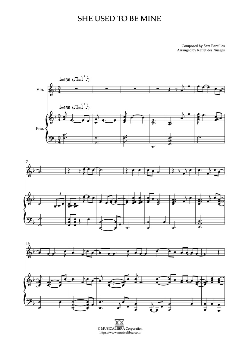 Sara Bareilles She Used to Be Mine 二重奏 乐谱 - 小提琴, 钢琴