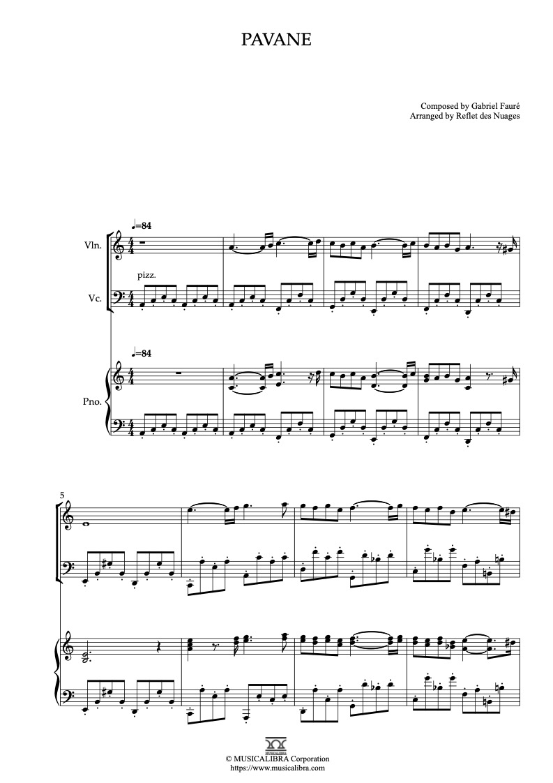 Partitura de Gabriel Fauré Pavane arreglada para trío de violín, violonchelo y piano