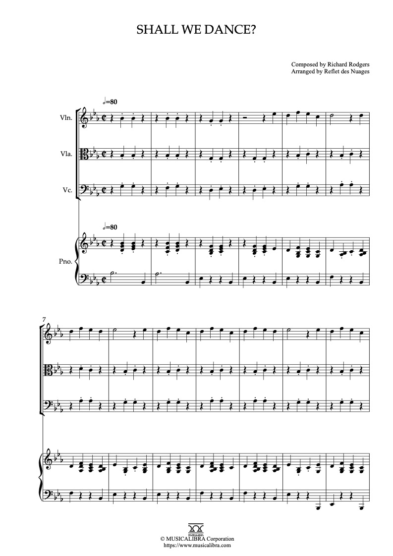 Partitura de The King and I Shall We Dance? arreglada para cuarteto de violín, viola, violonchelo y piano