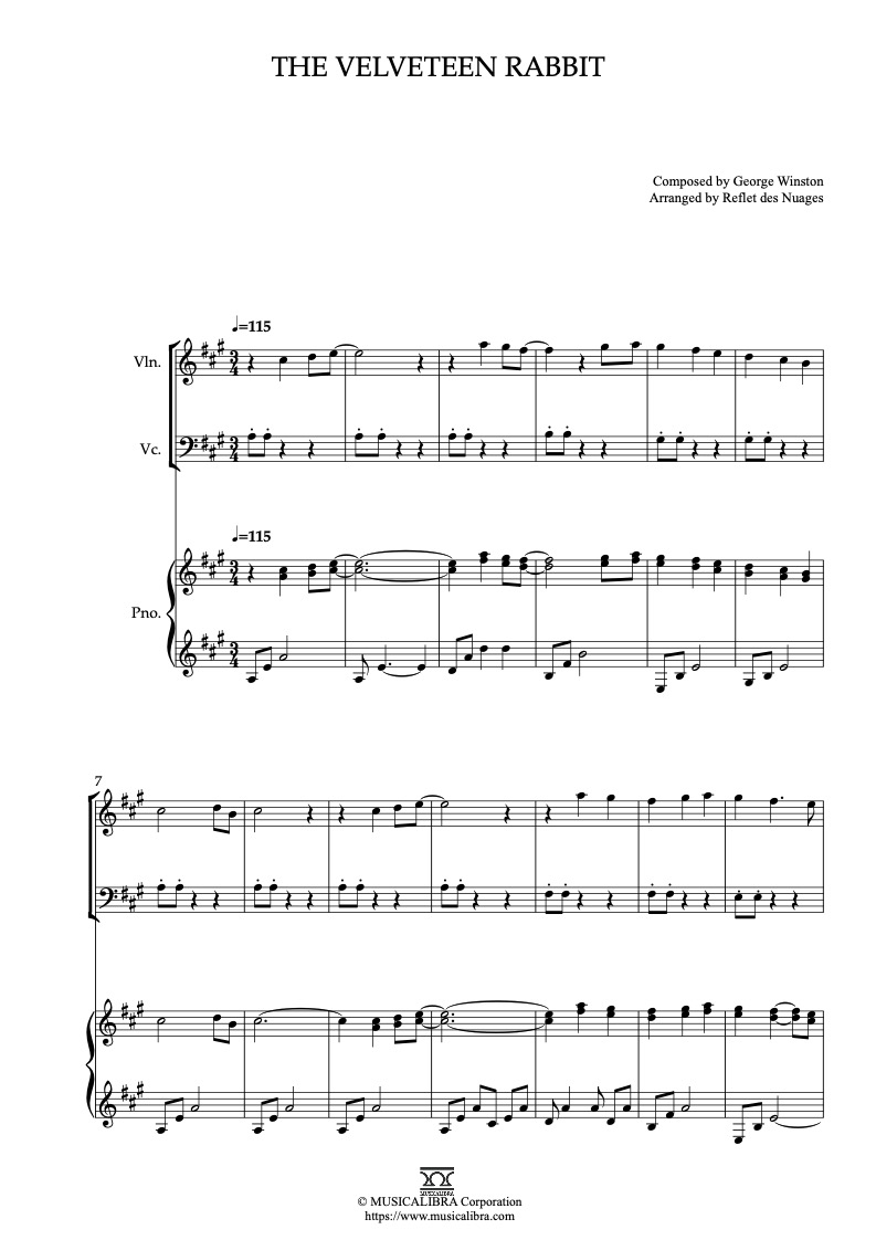 Sheet music of The Velveteen Rabbit arranged for violin, cello and piano trio chamber ensemble preview page 1