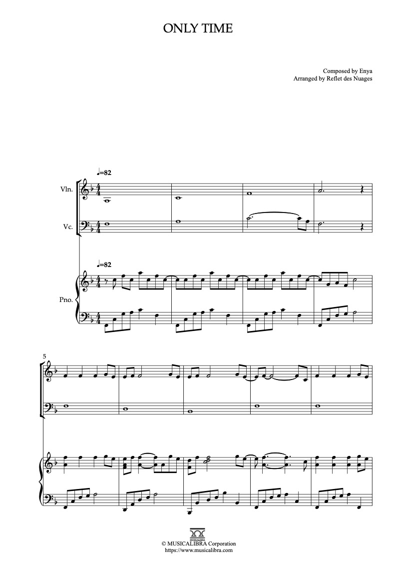 Partitura de Enya Only Time arreglada para trío de violín, violonchelo y piano