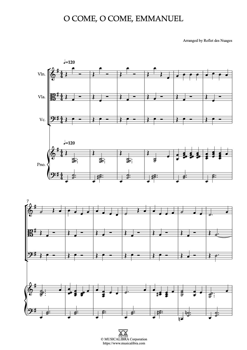 Sheet music of O Come, O Come, Emmanuel arranged for violin, viola, cello and piano quartet chamber ensemble preview page 1