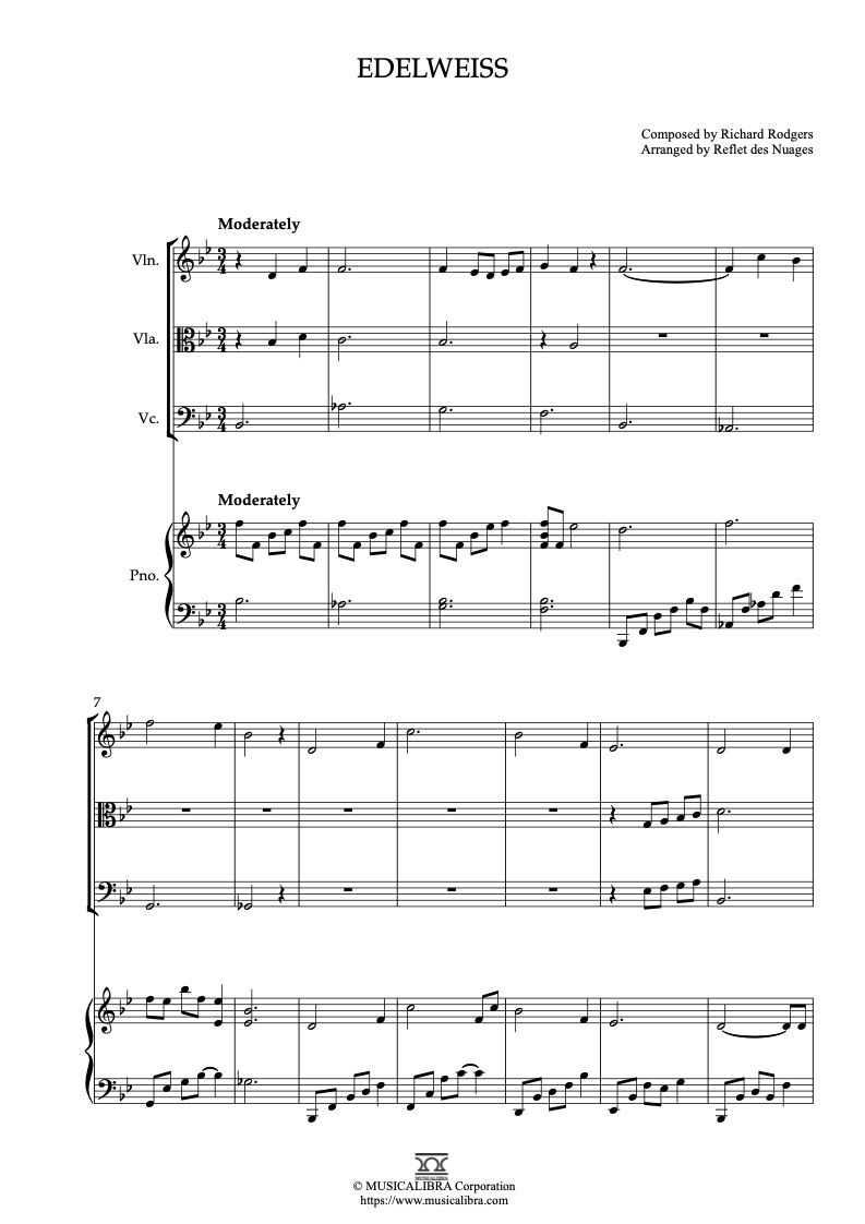 Partitura de Edelweiss arreglada para cuarteto de violín, viola, violonchelo y piano