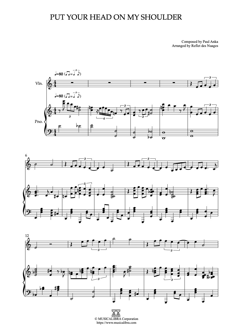 Paul Anka Put Your Head on My Shoulder 編曲楽譜 - ヴァイオリン、ピアノデュエット