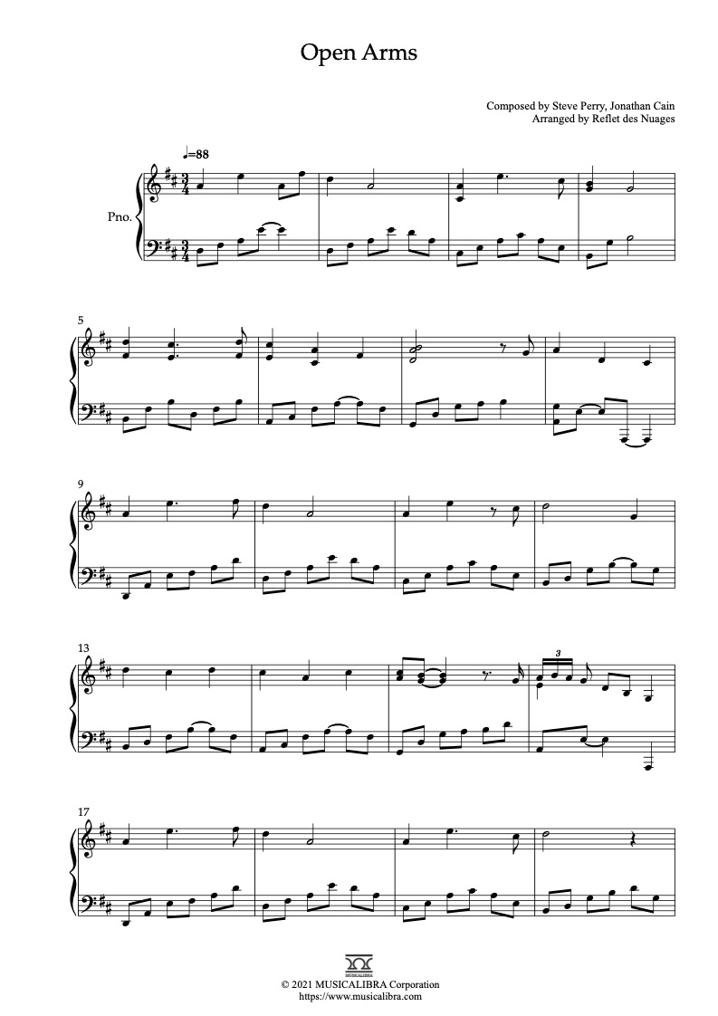 Sheet music of Journey Open Arms arranged for piano solo preview page 1
