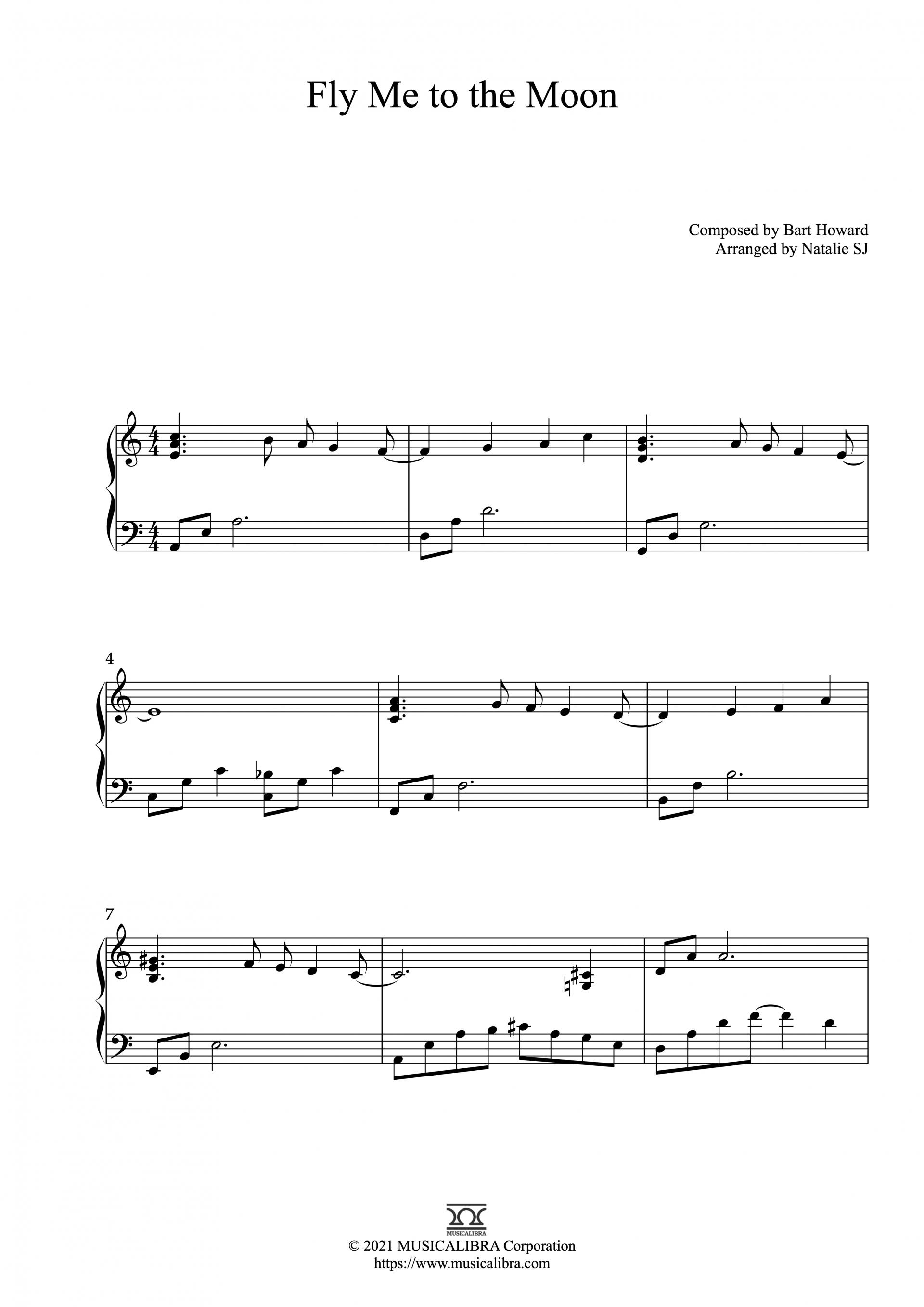 Partitura de Fly Me to the Moon arreglada para piano solo