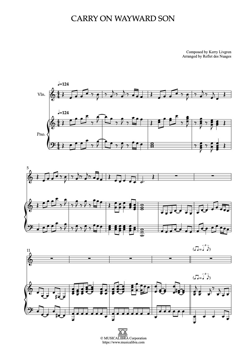 Partitura de Kansas Carry On Wayward Son arreglada para dueto de violín y piano