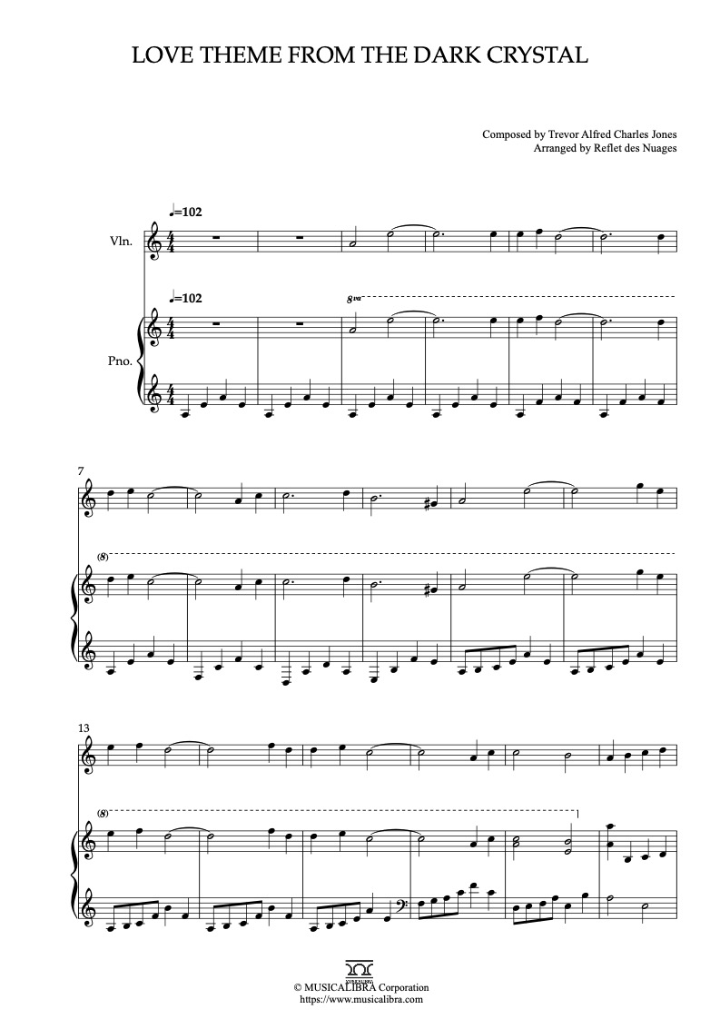 Sheet music of Love Theme From the Dark Crystal arranged for violin and piano duet chamber ensemble preview page 1
