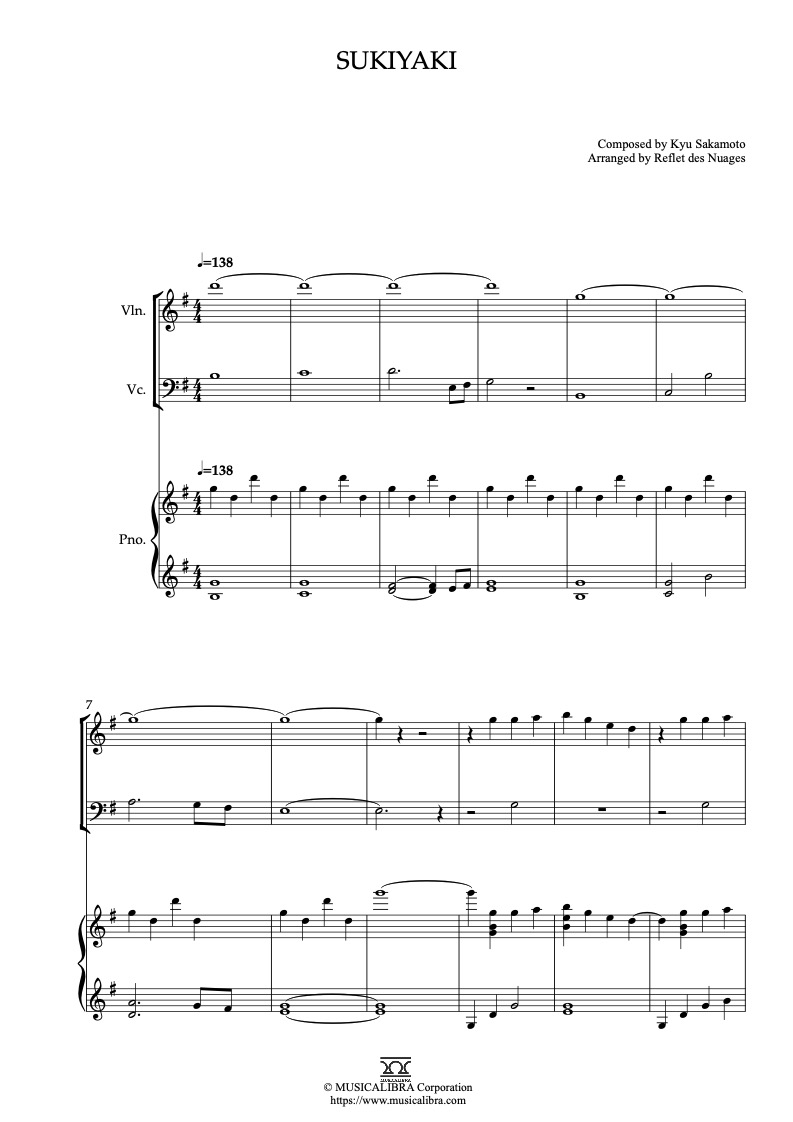 Sheet music of From Up On Poppy Hill Sukiyaki arranged for violin, cello and piano trio chamber ensemble preview page 1