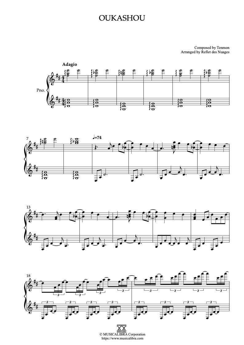 Sheet music of 5 Centimeter per Second Oukashou arranged for piano solo preview page 1