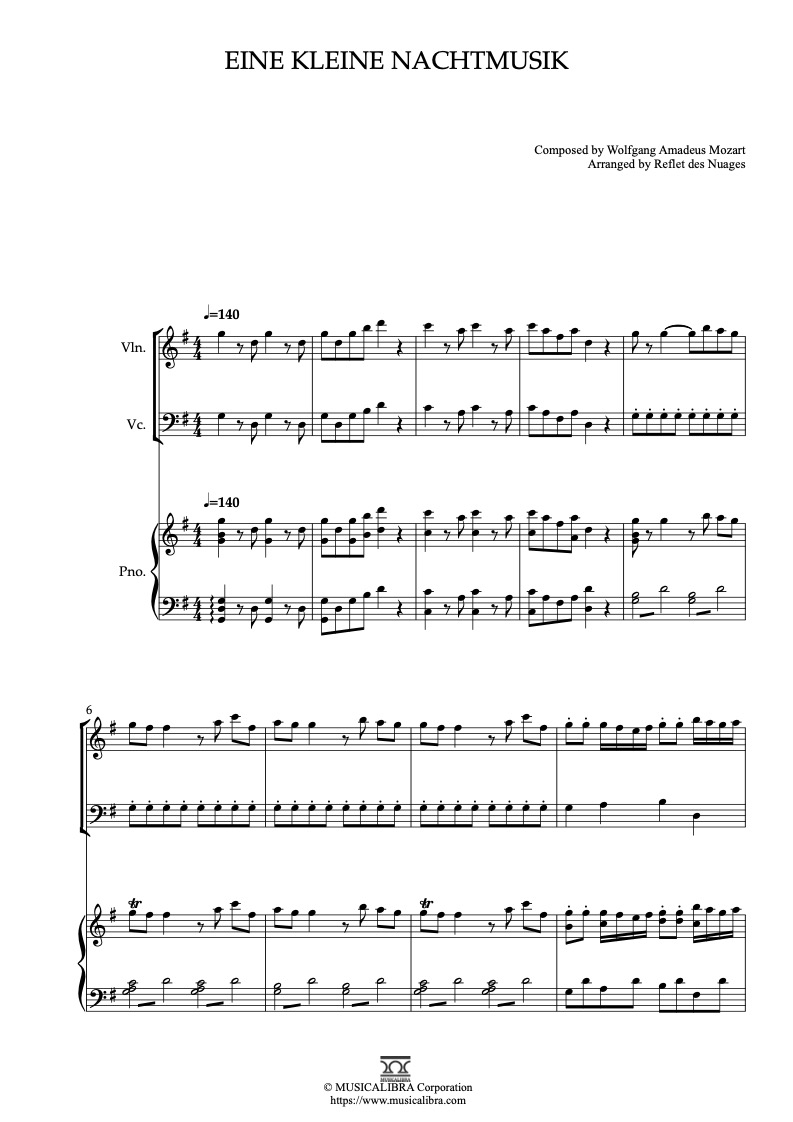Partitura de Eine kleine Nachtmusik arreglada para trío de violín, violonchelo y piano