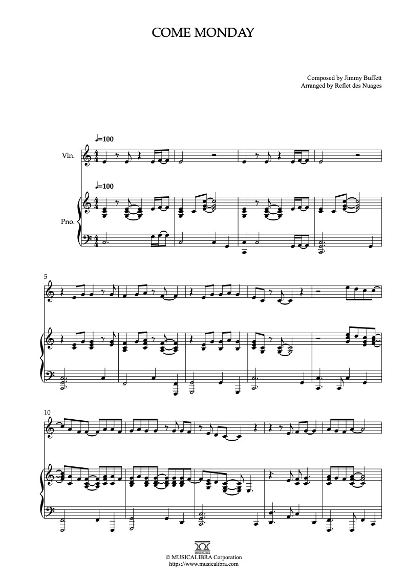 Sheet music of Jimmy Buffett Come Monday arranged for violin and piano duet preview page 1