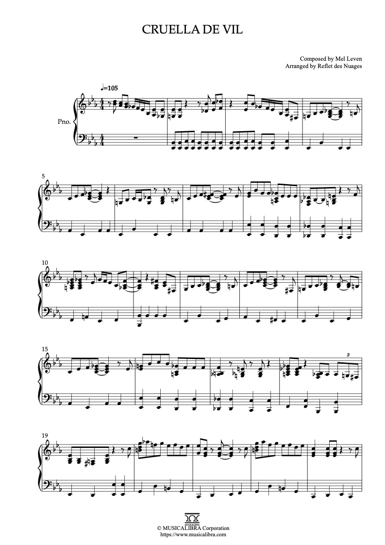 101 Dalmatians Cruella de Vil ピアノソロ 編曲 楽譜