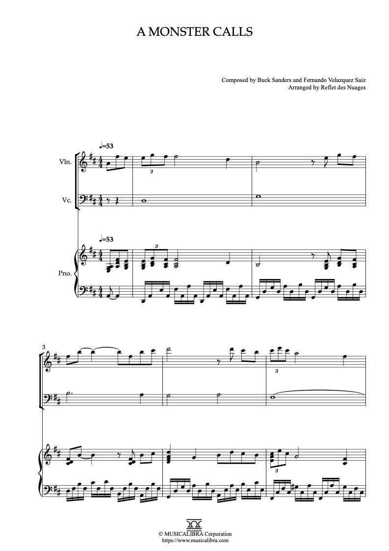 Sheet music of A Monster Calls arranged for violin, cello and piano trio chamber ensemble preview page 1