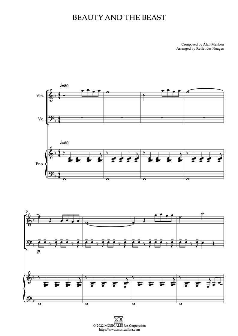 Sheet music of Beauty and the Beast arranged for violin, cello and piano trio chamber ensemble preview page 1