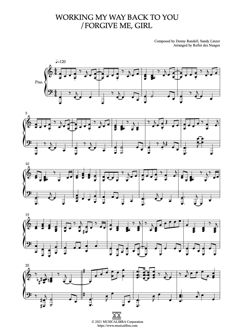 Piano Solo Sheet Music] Working My Way Back To You/Forgive Me, Girl Sheet  Music : Musicalibra