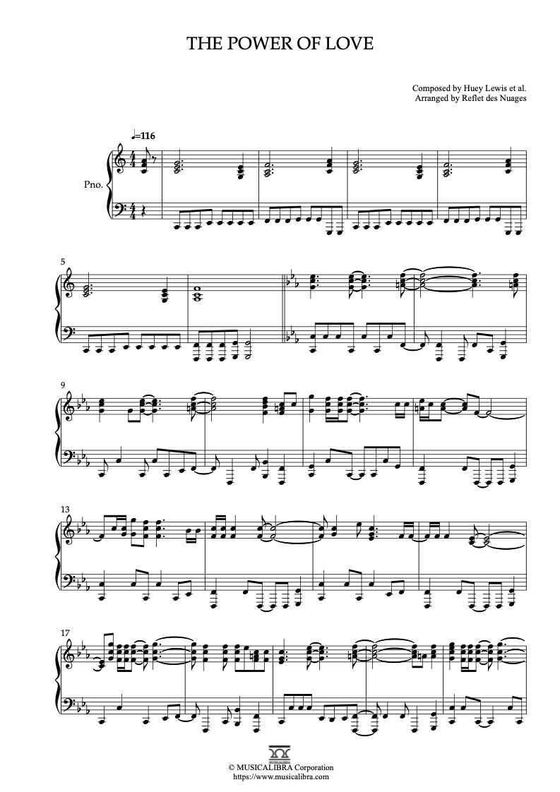 Partitura de Huey Lewis The Power of Love arreglada para piano solo