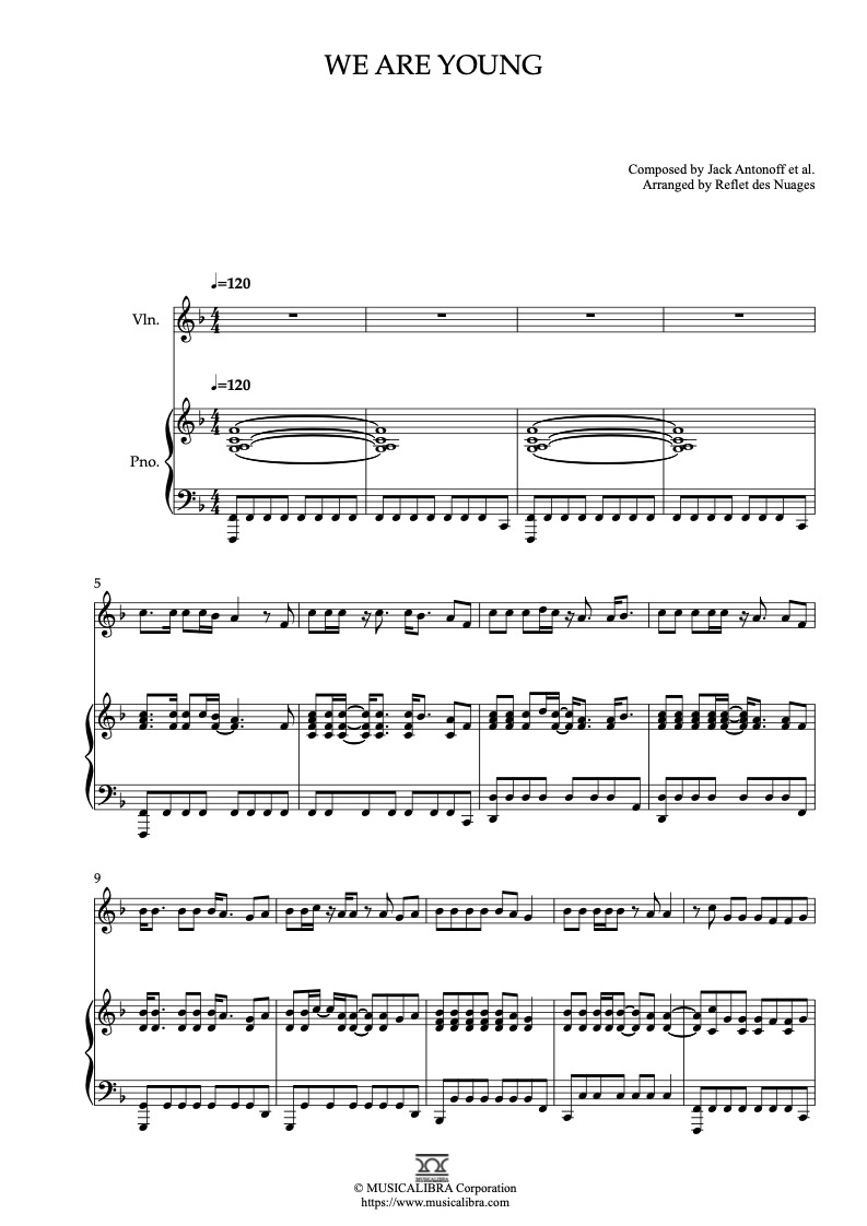 Sheet music of Fun We Are Young arranged for violin and piano duet chamber ensemble preview page 1
