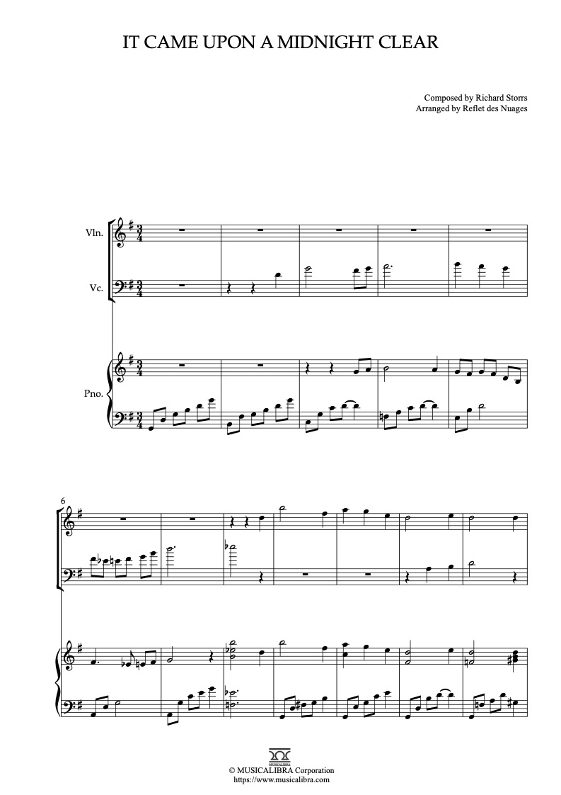 Sheet music of It Came Upon a Midnight Clear arranged for violin, cello and piano trio chamber ensemble preview page 1