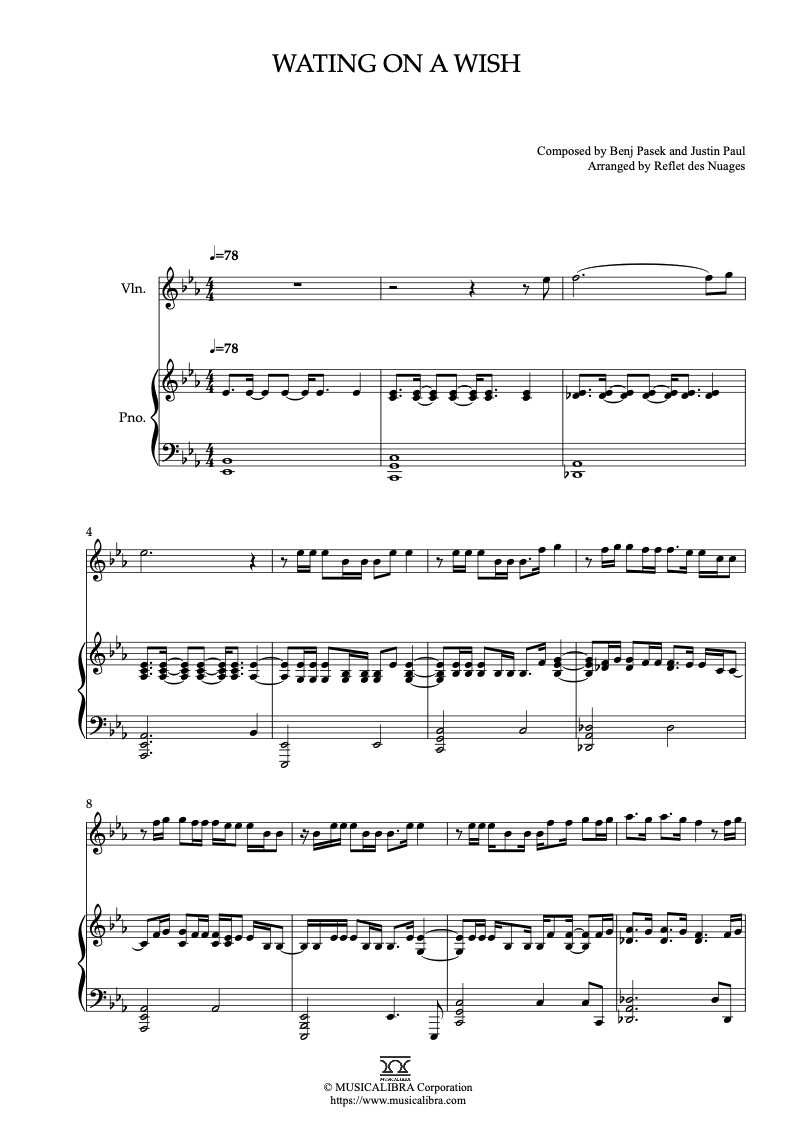 Partitura de Snow White Waiting on a Wish arreglada para dueto de violín y piano