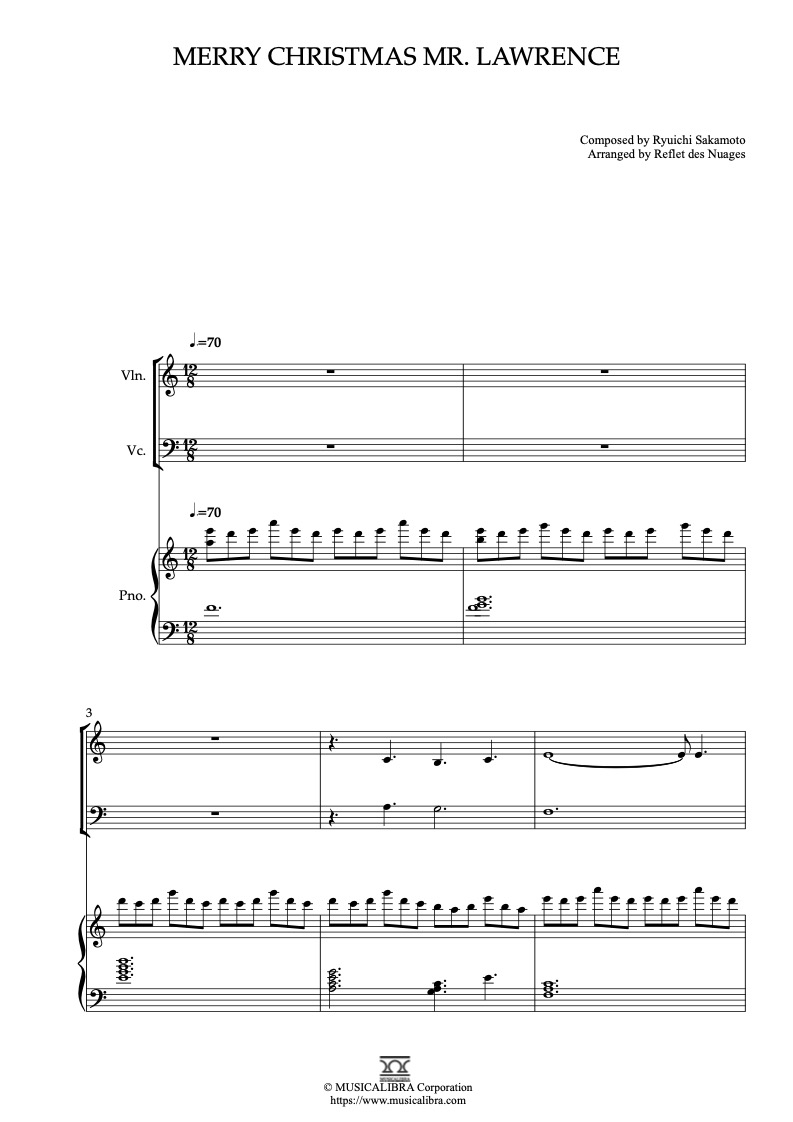 Partitura de Merry Christmas Mr. Lawrence arreglada para trío de violín, violonchelo y piano