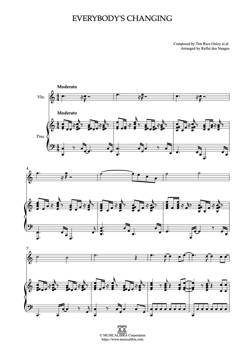 Partitura de Everybody's Changing arreglada para dueto de violín y piano