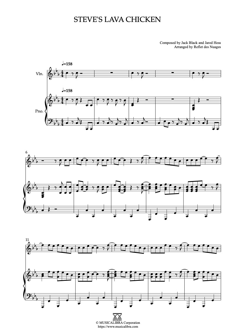 Sheet music of A Minecraft Movie Steve's Lava Chicken arranged for violin and piano duet chamber ensemble preview page 1
