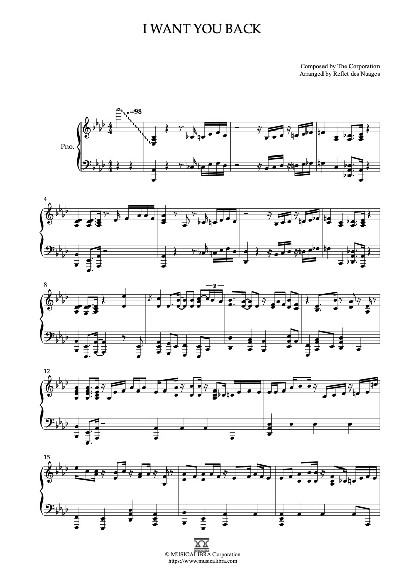 Partitura de I Want You Back arreglada para piano solo
