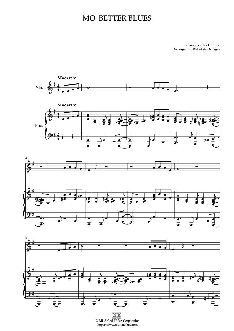 Sheet music of Mo' Better Blues arranged for violin and piano duet chamber ensemble preview page 1