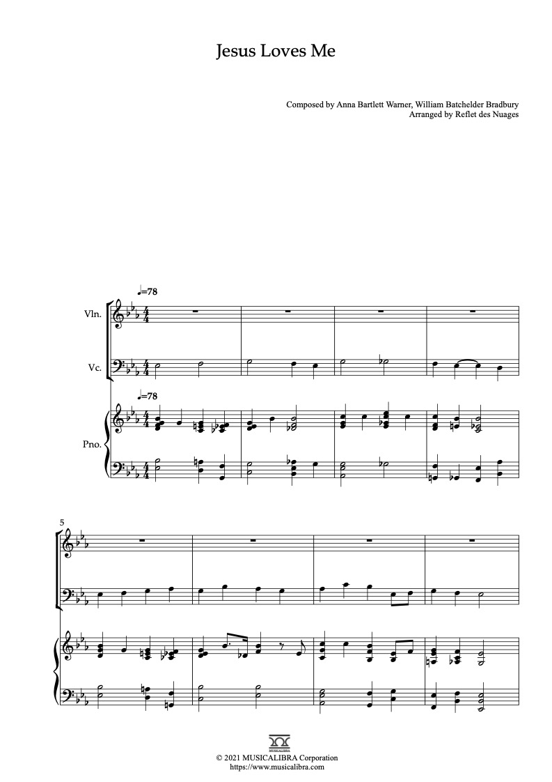Partitura de Jesus Loves Me arreglada para trío de violín, violonchelo y piano