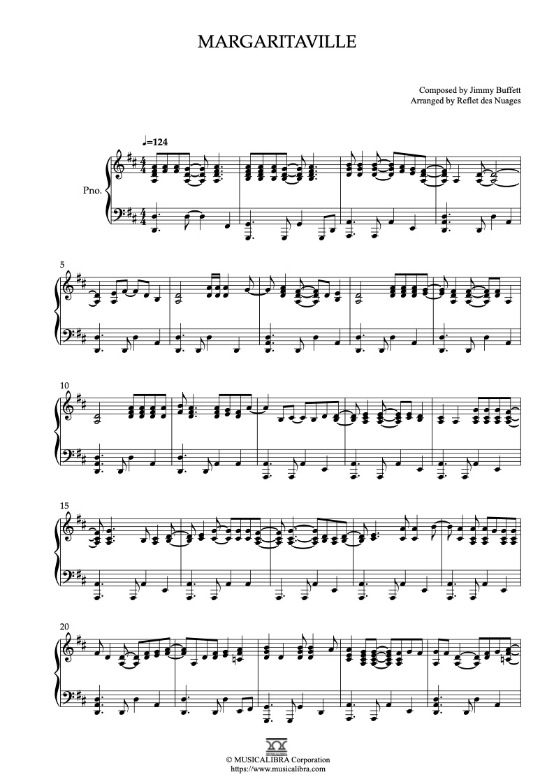 Sheet music of Jimmy Buffett Margaritaville arranged for piano solo preview page 1