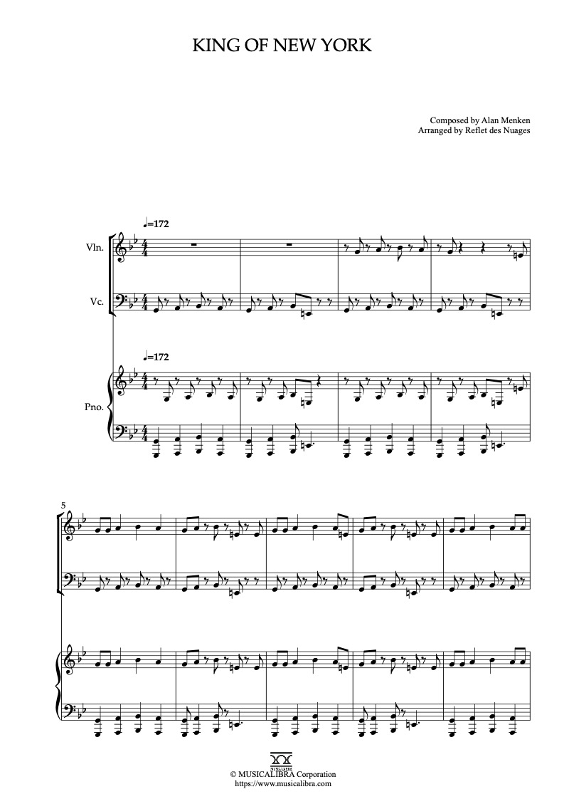 Sheet music of Newsies King of New York arranged for violin, cello and piano trio chamber ensemble preview page 1