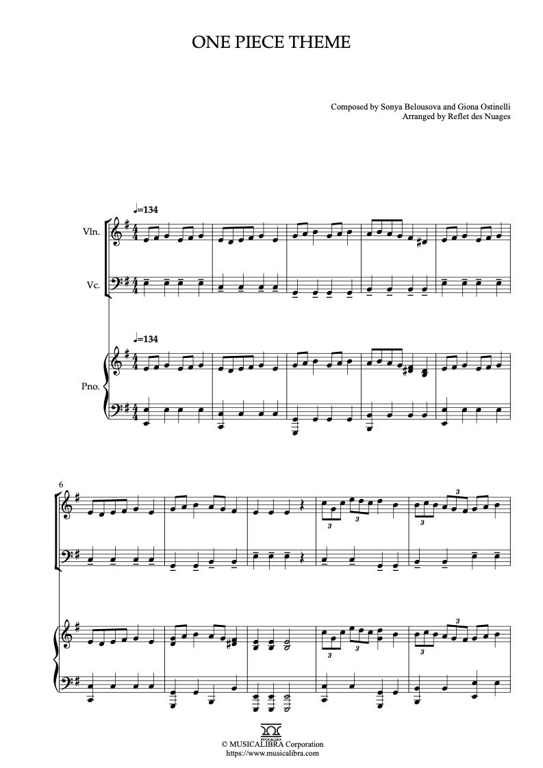 Sheet music of One Piece Theme arranged for violin, cello and piano trio chamber ensemble preview page 1