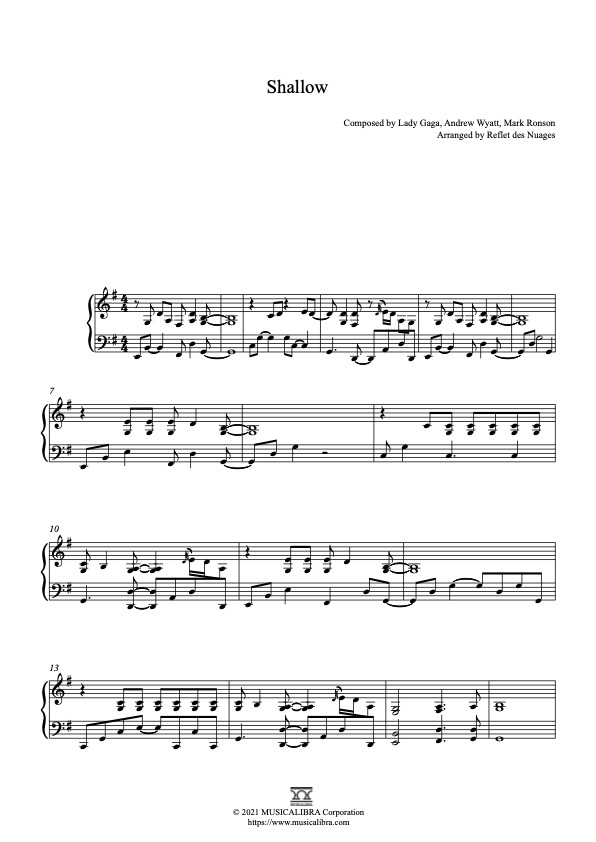 Sheet music of Shallow arranged for piano solo preview page 1