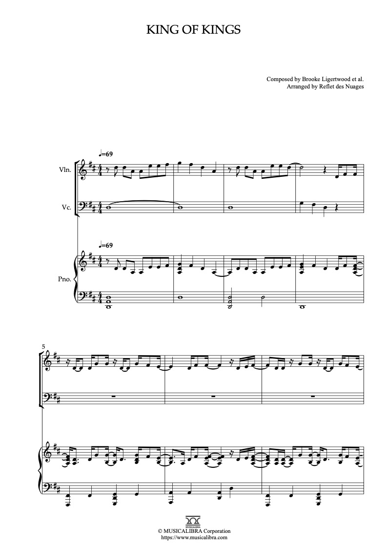 Hillsong Worship King of Kings 三重奏 乐谱 - 小提琴, 大提琴, 钢琴
