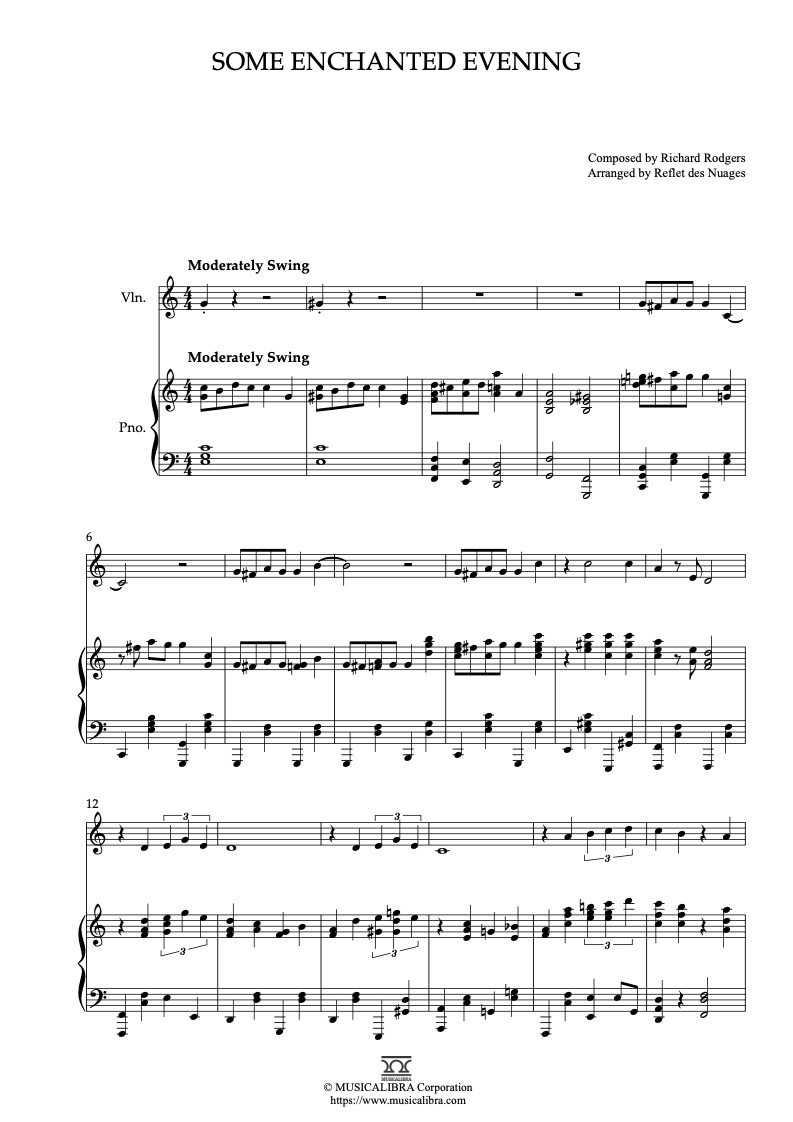 South Pacific Some Enchanted Evening 二重奏 樂譜 - 小提琴, 鋼琴