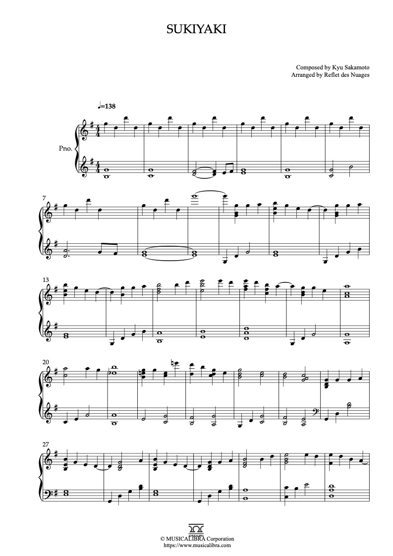 Sheet music of Sukiyaki arranged for piano solo preview page 1