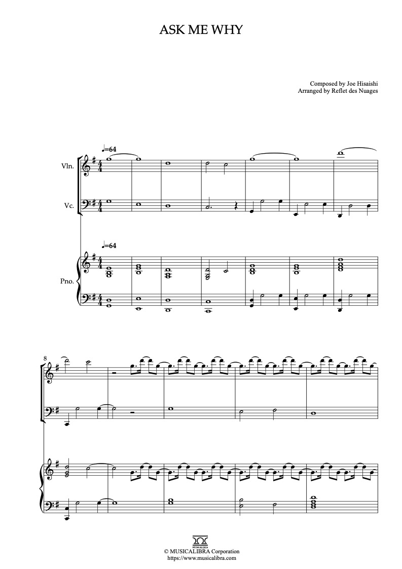 The Boy and the Heron Ask Me Why 編曲楽譜 - ヴァイオリン、チェロ、ピアノトリオ