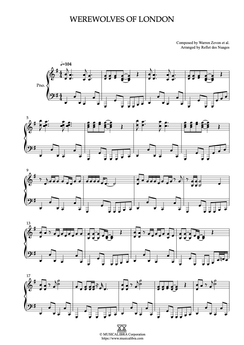 Sheet music of Warren Zevon Werewolves of London arranged for piano solo preview page 1