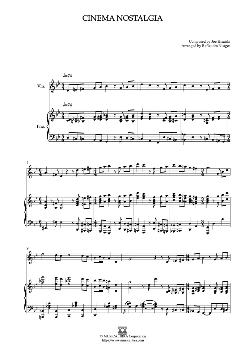 Joe Hisaishi Cinema Nostalgia 二重奏 乐谱 - 小提琴, 钢琴