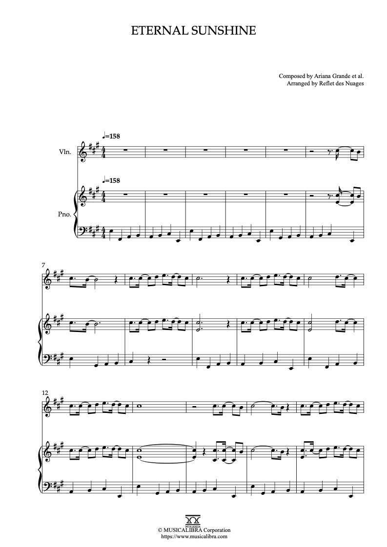 Sheet music of Ariana Grande eternal sunshine arranged for violin and piano duet chamber ensemble preview page 1