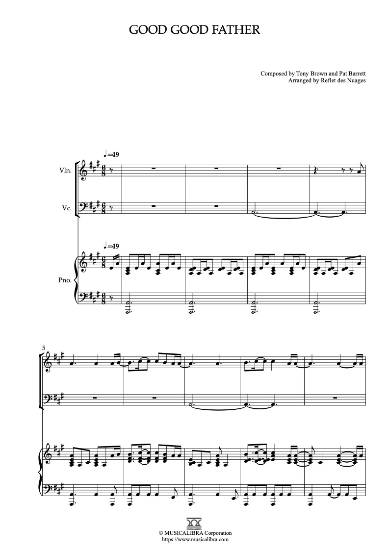 Sheet music of Christ Tomlin Good Good Father arranged for violin, cello and piano trio chamber ensemble preview page 1