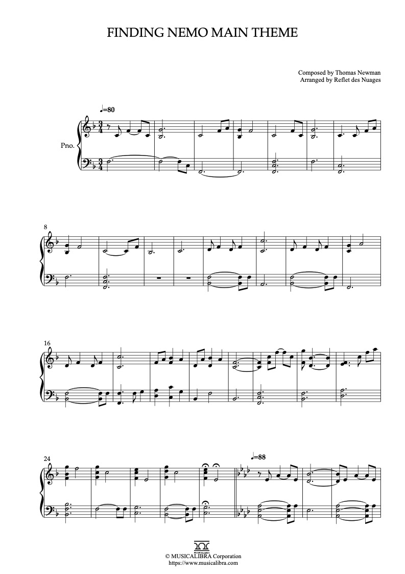 Finding Nemo Main Theme ピアノソロ 編曲 楽譜