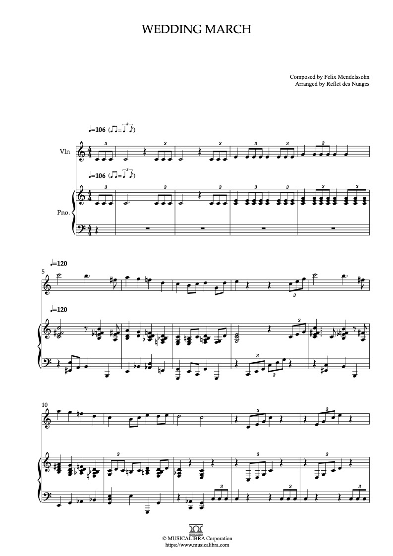 Mendelssohn Wedding March 編曲楽譜 - ヴァイオリン、ピアノデュエット