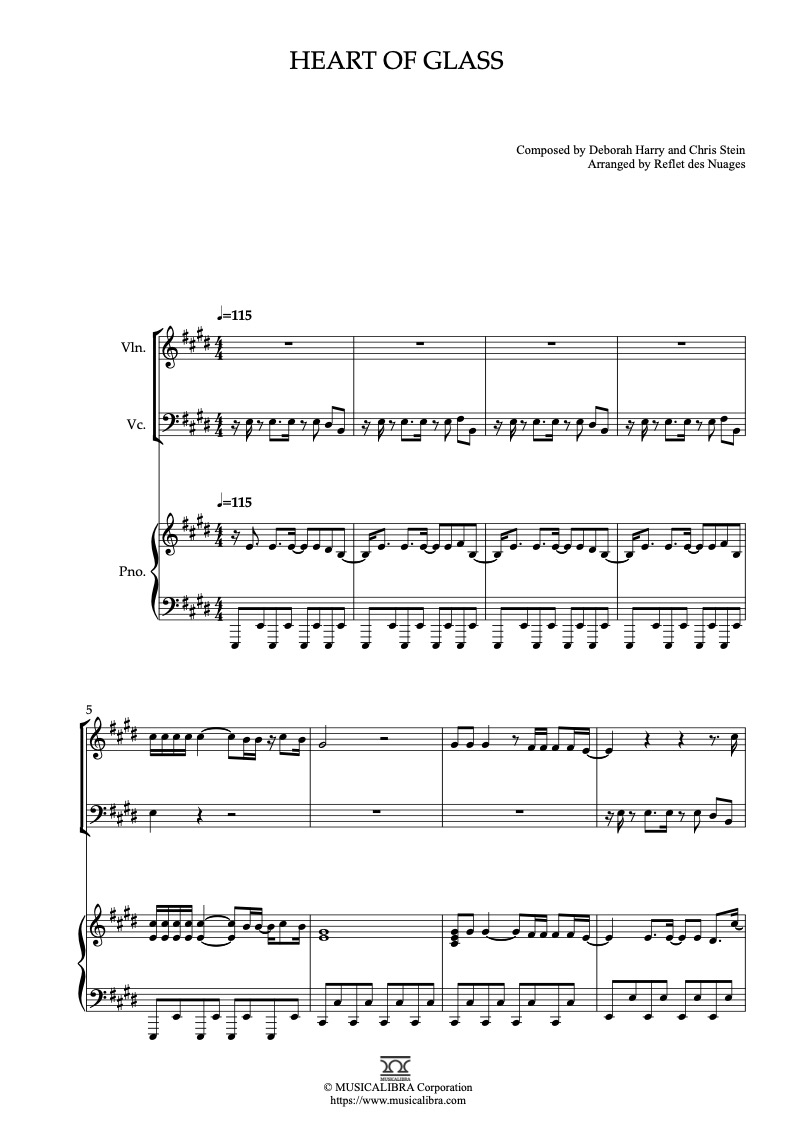 Blondie Heart of Glass 三重奏 乐谱 - 小提琴, 大提琴, 钢琴