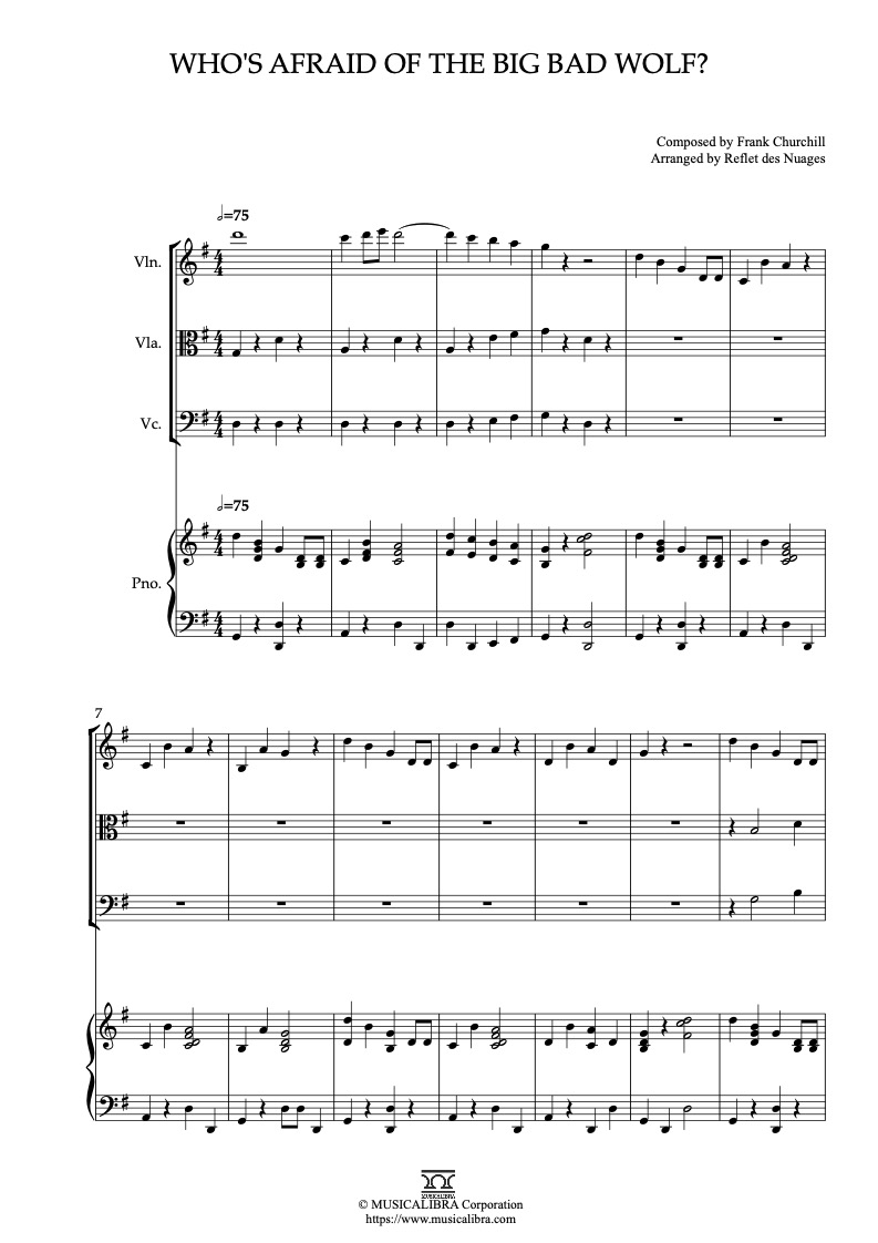 Partitura de Three Little Pigs Who’s Afraid of the Big Bad Wolf? arreglada para cuarteto de violín, viola, violonchelo y piano