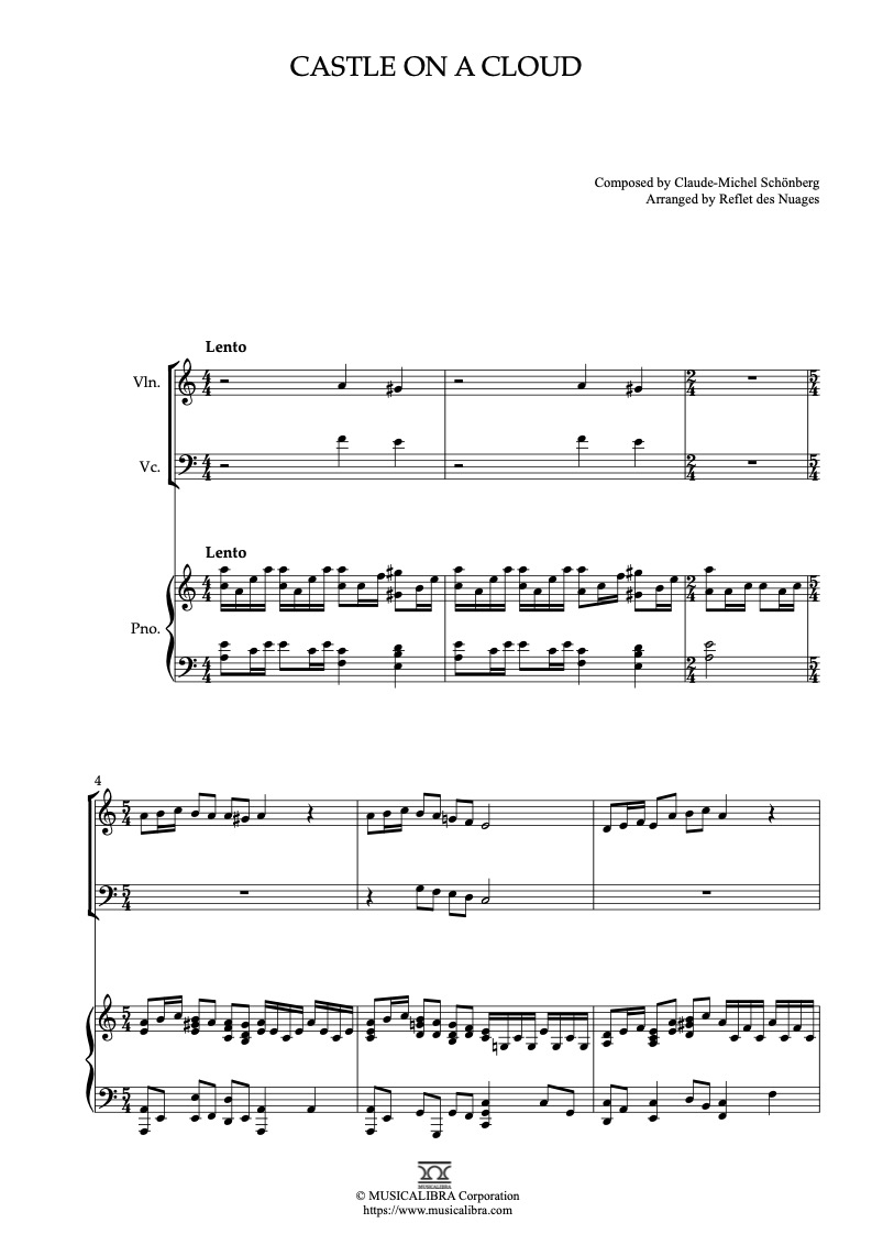 Sheet music of Les Misérables Theme Castle on a Cloud arranged for violin, cello and piano trio chamber ensemble preview page 1